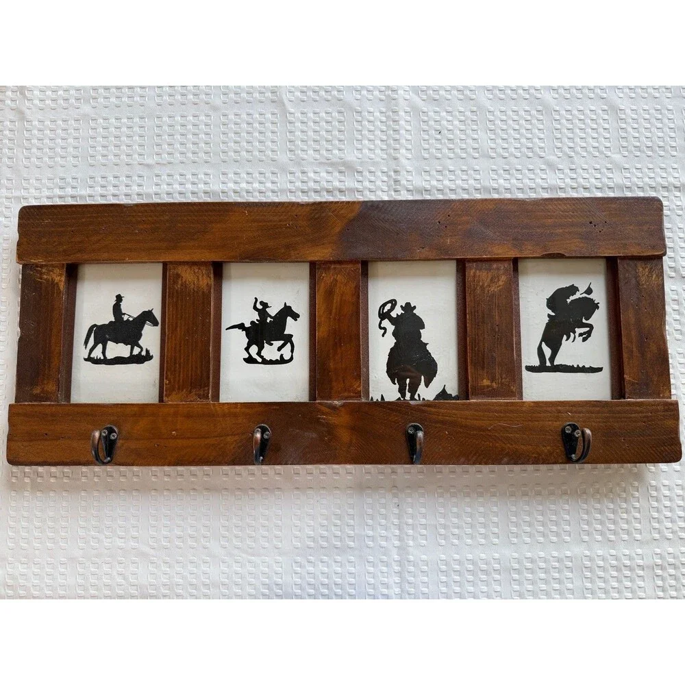 Rustic Cowboy Horseback Riding Wood Wall Hook Rack 4-Hook